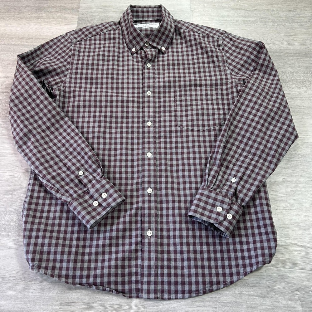 Peter Manning Shirt Mens Medium Red Gray Check Long Sleeve Button Up Stretch